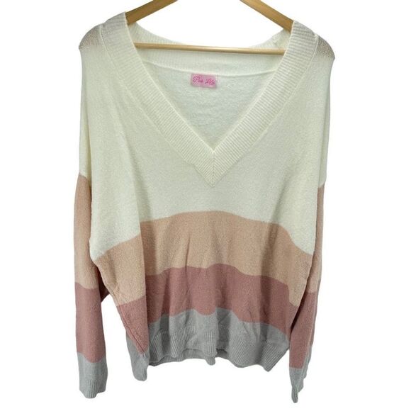 Pink Lily striped Pullover Sweater Long Sleeve V Neck Color Block Beige Large NW - Picture 9 of 10